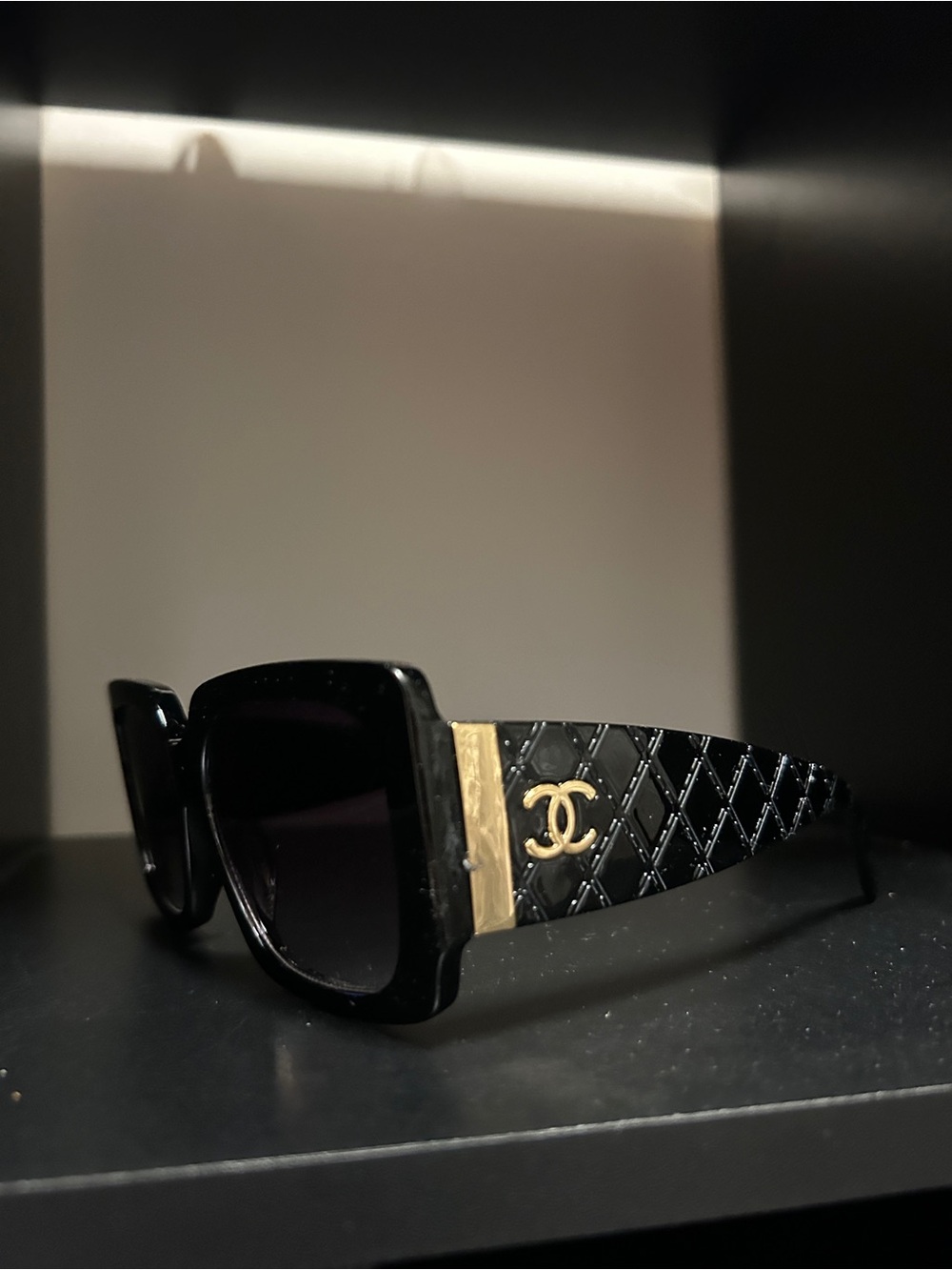 CHANEL Black Quilted Logo Square Sunglasses - Black & Gold